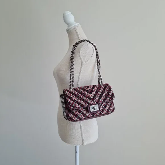 Karl Lagerfeld Agyness Tweed Crossbody Flap NWOT Convertible Wine Navy Luxury - Picture 3 of 16